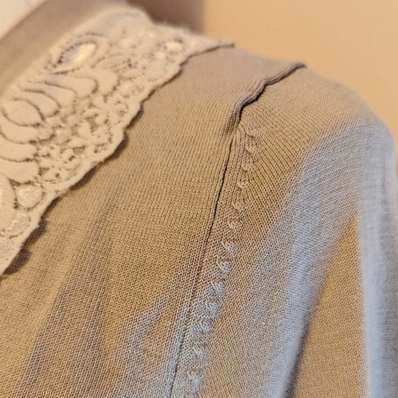 August Silk blend cardigan button down lace trim beige cream Med/large - Picture 10 of 15